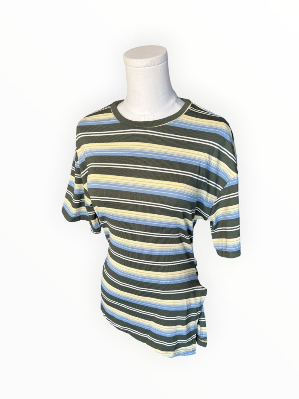 Amazon Multicolor Striped Ruched Side T-Shirt Top Green Blue Yellow Size S